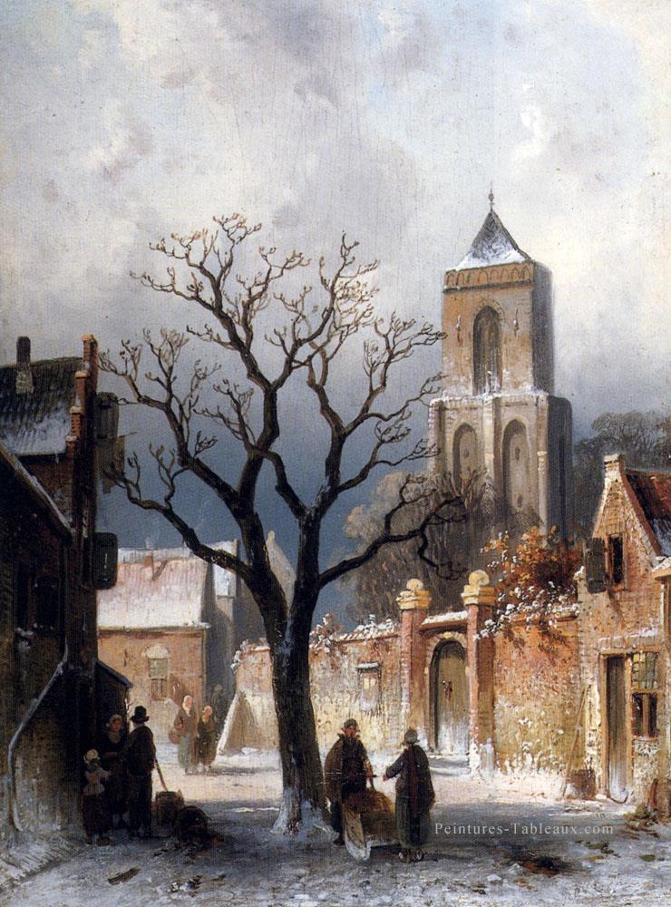 Une scène de neige de village paysage Charles Leickert Peintures à l'huile